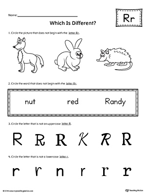 Use the Letter R Which is Different to practice identifying the uppercase and lowercase letter R and it