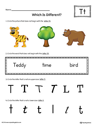 Use the Letter T Which is Different in Color to practice identifying the uppercase and lowercase letter T and it