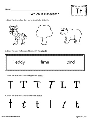 Use the Letter T Which is Different to practice identifying the uppercase and lowercase letter T and it