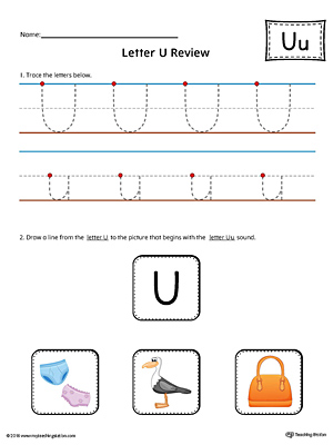 Use the Letter U Review in Color worksheet to help your student practice tracing and the beginning sound of the letter U.