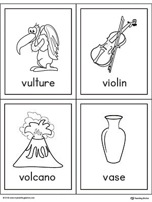 Letter V Words and Pictures Printable Cards: Vulture, Violin, Volcano