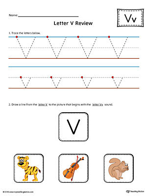 Use the Letter V Review in Color worksheet to help your student practice tracing and the beginning sound of the letter V.