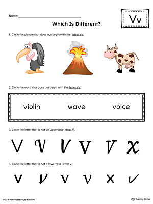 Use the Letter V Which is Different in Color to practice identifying the uppercase and lowercase letter V and it