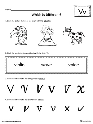 Use the Letter V Which is Different to practice identifying the uppercase and lowercase letter V and it