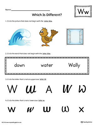 Use the Letter W Which is Different in Color to practice identifying the uppercase and lowercase letter W and it