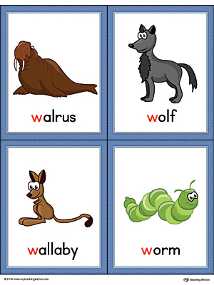 Letter W Words and Pictures Printable Cards: Walrus, Wolf, Wallaby