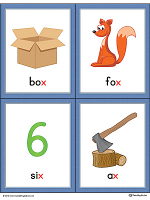 Letter X Words and Pictures Printable Cards: Box, Fox, Six, Ax (Color ...