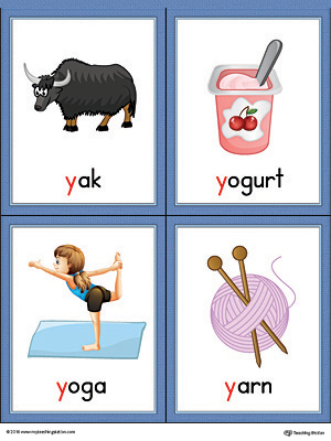 Letter Y Words and Pictures Printable Cards: Yak, Yogurt, Yoga, Yarn