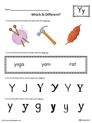 Use the Letter Y Which is Different in Color to practice identifying the uppercase and lowercase letter Y and it