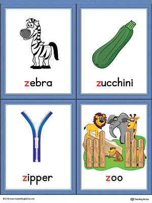 Letter Z Words and Pictures Printable Cards: Zebra, Zucchini, Zipper, Zoo (Color)