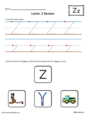 Use the Letter Z Review in Color worksheet to help your student practice tracing and the beginning sound of the letter Z.