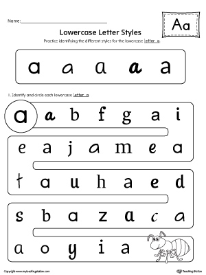 Practice identifying the different lowercase letter A styles with this kindergarten printable worksheet.