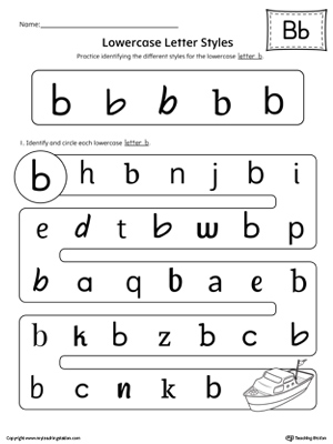 Practice identifying the different lowercase letter B styles with this kindergarten printable worksheet.