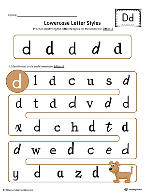 Practice identifying the different lowercase letter D styles with this colorful printable worksheet.