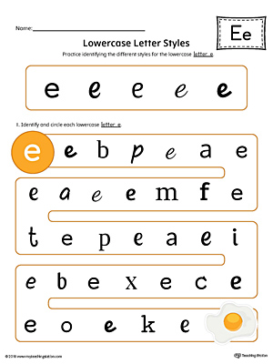 Practice identifying the different lowercase letter E styles with this colorful printable worksheet.