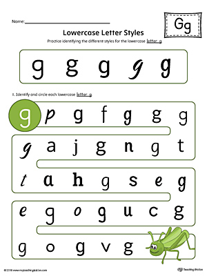 Practice identifying the different lowercase letter G styles with this colorful printable worksheet.