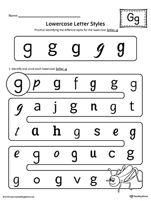 Practice identifying the different lowercase letter G styles with this kindergarten printable worksheet.