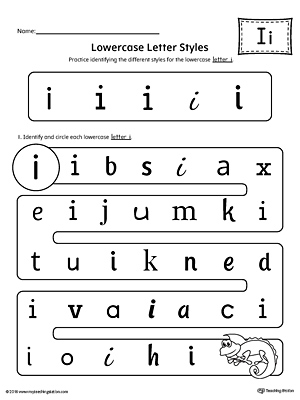 Practice identifying the different lowercase letter I styles with this kindergarten printable worksheet.