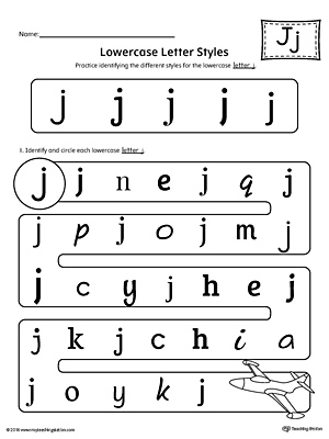 Practice identifying the different lowercase letter J styles with this kindergarten printable worksheet.