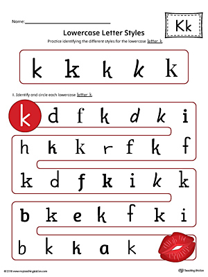 Practice identifying the different lowercase letter K styles with this colorful printable worksheet.