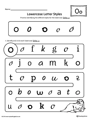 Practice identifying the different lowercase letter O styles with this kindergarten printable worksheet.