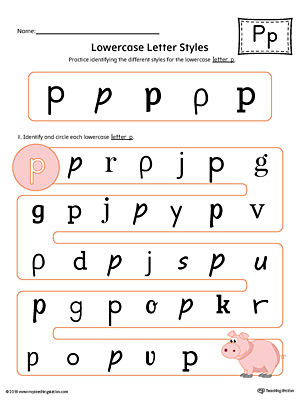 Practice identifying the different lowercase letter P styles with this colorful printable worksheet.