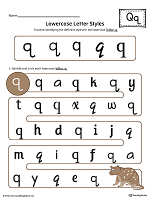 Practice identifying the different lowercase letter Q styles with this colorful printable worksheet.