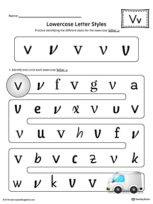 Practice identifying the different lowercase letter V styles with this colorful printable worksheet.