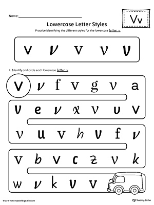 Practice identifying the different lowercase letter V styles with this kindergarten printable worksheet.