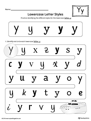 Practice identifying the different lowercase letter Y styles with this colorful printable worksheet.