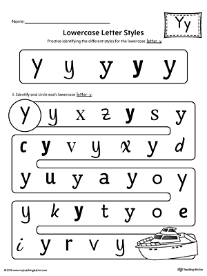 Practice identifying the different lowercase letter Y styles with this kindergarten printable worksheet.