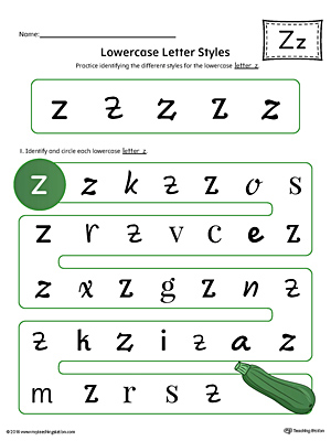 Practice identifying the different lowercase letter Z styles with this colorful printable worksheet.