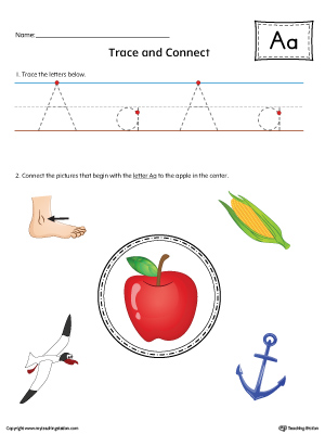 Trace Letter A and Connect Pictures (Color) printable worksheet available for download at myteachingstation.com.