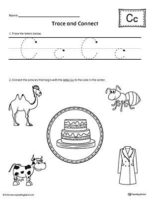 Trace Letter C and Connect Pictures printable worksheet available for download at myteachingstation.com.