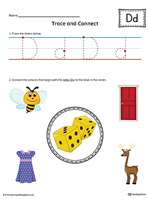 Trace Letter D and Connect Pictures (Color) printable worksheet available for download at myteachingstation.com.