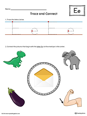 Trace Letter E and Connect Pictures (Color) printable worksheet available for download at myteachingstation.com.