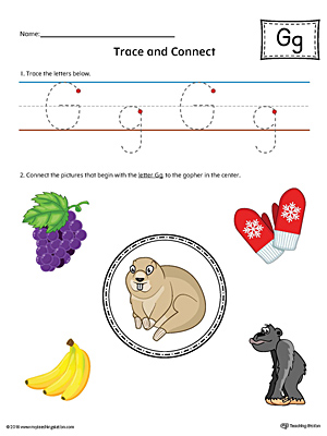 Trace Letter G and Connect Pictures (Color) printable worksheet available for download at myteachingstation.com.