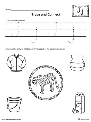 Trace Letter J and Connect Pictures printable worksheet available for download at myteachingstation.com.