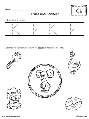 Trace Letter K and Connect Pictures printable worksheet available for download at myteachingstation.com.