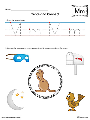 Trace Letter M and Connect Pictures (Color) printable worksheet available for download at myteachingstation.com.