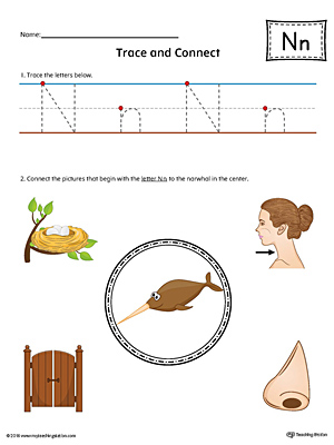 Trace Letter N and Connect Pictures Worksheet (Color)