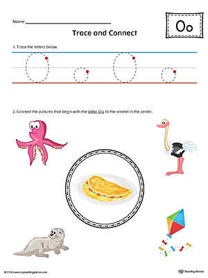 Trace Letter O and Connect Pictures (Color) printable worksheet available for download at myteachingstation.com.