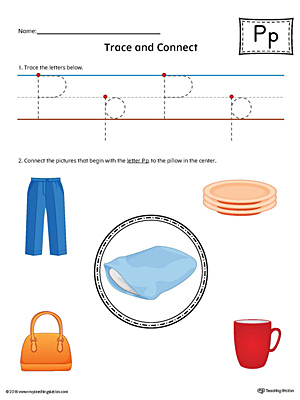 Trace Letter P and Connect Pictures (Color) printable worksheet available for download at myteachingstation.com.