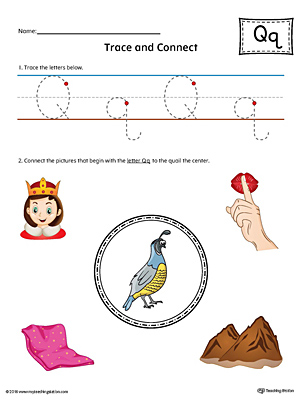 Trace Letter Q and Connect Pictures (Color) printable worksheet available for download at myteachingstation.com.