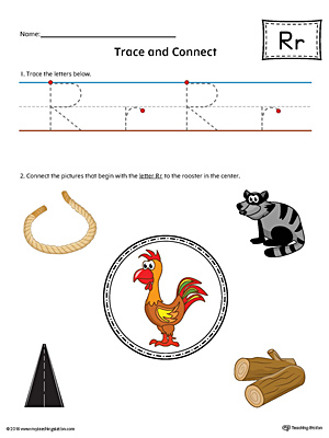 Trace Letter R and Connect Pictures (Color) printable worksheet available for download at myteachingstation.com.