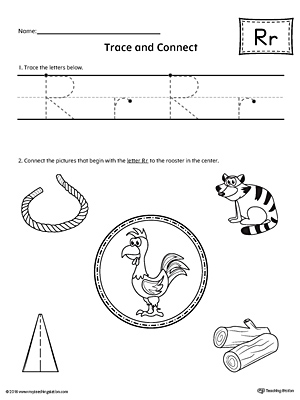 Trace Letter R and Connect Pictures printable worksheet available for download at myteachingstation.com.