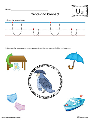 Trace Letter U and Connect Pictures (Color) printable worksheet available for download at myteachingstation.com.