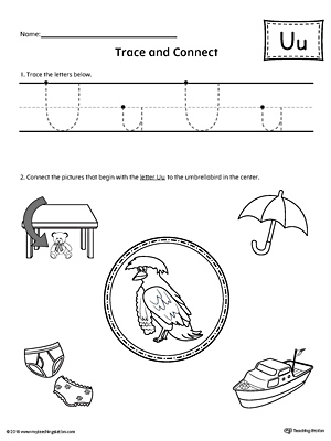Trace Letter U and Connect Pictures printable worksheet available for download at myteachingstation.com.