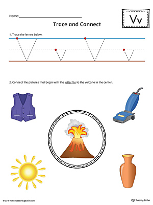 Trace Letter V and Connect Pictures (Color) printable worksheet available for download at myteachingstation.com.