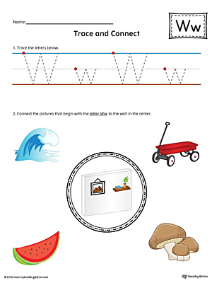 Trace Letter W and Connect Pictures (Color) printable worksheet available for download at myteachingstation.com.